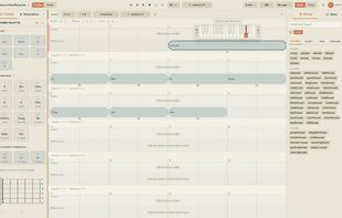 Song Cage's Words panel auto-loads rhymes when a lyric is selected, grouped by syllable count so writers find the right word for a specific rhythmic slot. Shown: rhymes for "house" across 1, 2, and 3 syllable groups. Lyric block active on the canvas