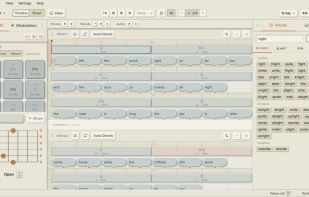 The Song Cage editor: chords, lyrics and melody on one timeline. On the left, Fits Melody ranks chords by how well they hold the melody; on the right, rhymes for the selected word.