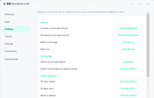 Customizable hotkeys for application volume, device switching and microphone mute.