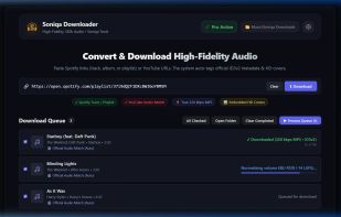 Soniqa Downloader main dashboard: batch download queue with real-time Loudnorm volume normalization and 320 kbps MP3 conversion