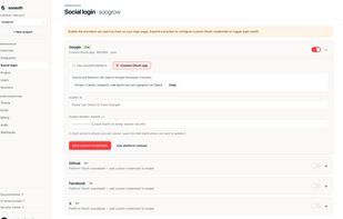 Social login provider settings with one-click Google, GitHub, and custom OAuth support.