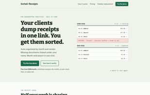 Your clients dump receipts in one link. Everything auto-sorts by month and vendor.