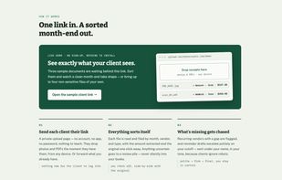 One link in, a sorted month-end out: files sort themselves and missing documents get chased under your name.