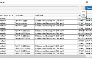 This is the log where you can see all of the files which have been saved with SOS Click. You can show between 100, 500 and 1,000 entries. Similar to Office's recently used but shows you more of the past so you know when you saved, where and under what name