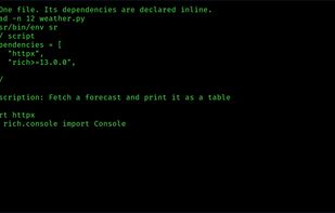 Running the same script in Python, TypeScript and Go with one command, sr. Dependencies are declared inline, so there's no virtualenv, node_modules or go.mod.