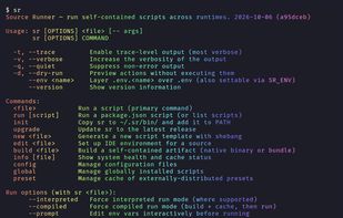 The sr command's built-in help: run a script, run a package.json script, and build, edit, install and configure from one CLI.