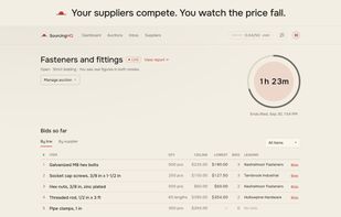 A live, timed quote round: ceiling price, lowest bid and leading supplier for every line.