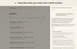 Describe what you need in plain language. The AI sourcing assistant drafts the auction and suggests suppliers from your own bidding history.