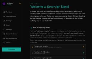 Inside Sovereign Signal: a plain-language breakdown of exactly how end-to-end encryption protects members, alongside the app's core navigation, Conscious Stream, Encrypted Meet Up, Council, and more.