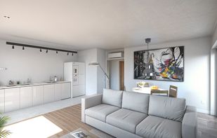 Photorealistic render of a living room and kitchen