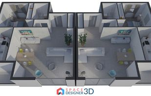 Photorealistic rendering, 3D view of two flats