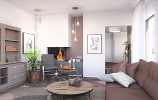 Living room with a corner fireplace