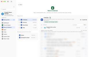 Move to External: big folders and AI models ready to move to an external drive; a shortcut keeps apps working