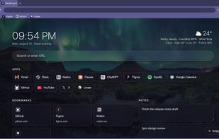 SpaceDeck dashboard: every app in its own isolated space, with bookmarks, notes and one notification bell.