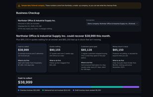 Free Odoo Business Checkup: cash to collect, quotes waiting, customers gone quiet and money stuck in stock, with the records behind each figure.
