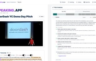 Pitch anatomy: every element of a spoken pitch (hook, problem, solution, traction, the ask) is graded, with the specific reasons behind each grade.
