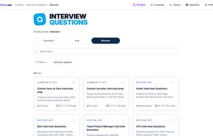 Interview question library: 1,400+ questions across 90+ curated sets for specific companies and roles, plus sets shared by the community.