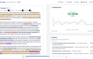 Speaking pace (words per minute) charted across a talk, plus notable vocal delivery moments. Shown on Tony Xu's DoorDash YC Demo Day pitch.