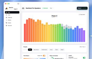 Spectra's Now Page. Shows an audio visualizer, enabled effects, and quick toggles for applied correction