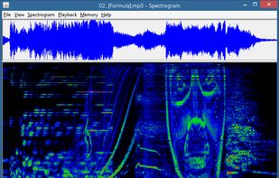 A waveform and spectrogram of "[Formula]" from Aphex Twin's album Windowlicker, showing a hidden face.
