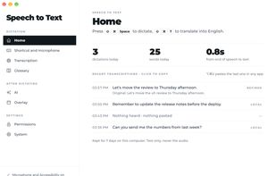 Home: the shortcuts, today's count and the last transcriptions.