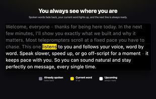 Illustration: spoken words fade, the current word is highlighted, and upcoming text stays readable.