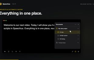 Speechius 1.0.11: project and script management, shown in the English release image.