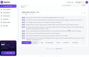 Transcript with timestamps, AI summary, translation and export