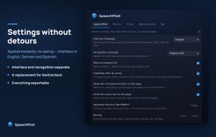 Settings: recognition language, replacements, emojis and side bar