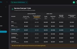 Transparent token pricing: cost per link across all packages, from $0.10 down to $0.033 per indexed link.