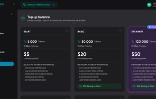 Token packages from $5: one balance covers indexing, index checks and backlink checks.