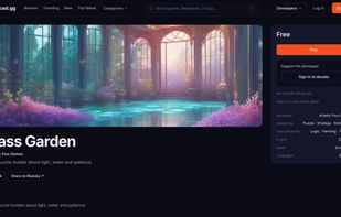A game's store page, with its price, developer, categories and a Play button that starts the game in place.