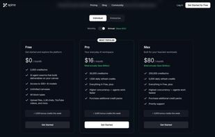 Spine is free to start. Pro plan from $16/month includes 30,000 credits, higher concurrency, and access to 300+ AI models including Claude, GPT, and Gemini.