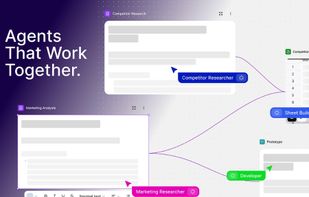 Spine's canvas shows specialized agents — Competitor Researcher, Marketing Researcher, Sheet Builder, Developer — working in parallel and passing outputs to each other in real time.