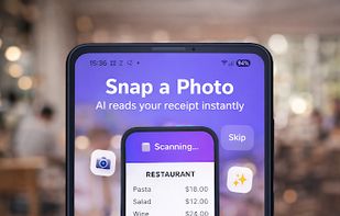 The AI-powered receipt scanner automatically extracts items, prices, tax, and tip totals without manual typing.