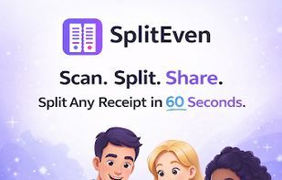 SplitEven's core features allow users to scan physical receipts, split the cost of individual items, and share the final breakdown with friends.