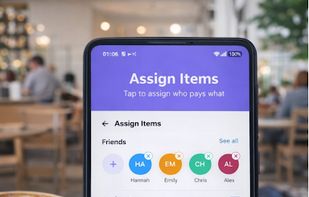 The assignment interface allows users to tap specific receipt items and assign them to individual people or split them equally.