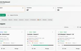 Admin home screen. Manage leagues and tournaments. Access to league overview status, messaging system, payment management, and more.