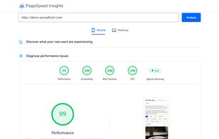 Spreadfront shop Google PageSpeed score (it is 99+)