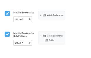 Two Mobile Bookmarks sort options. One option showing a URL A-Z sort and the other showing URL Z-A.