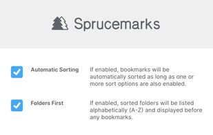 The Sprucemarks logo and two options. Automatic Sorting and Folders First.