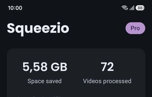 Home screen showing space saved, processed videos, compression modes, and recent results.