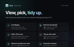 Sruk 0.9.6 — Photo browsing, selection, RAW+JPG pairing and reference tools.
