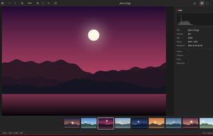 Image viewing with a thumbnail filmstrip, histogram and file information.