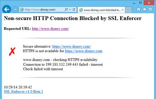 SSL Enforcer has blocked non-secure connection and offers to proceed with a secure alternative in manual mode (as seen in browser).
