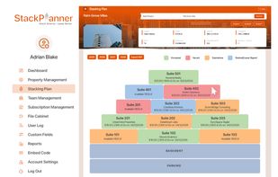 Switch to dynamic stacking plans—click any floor to see tenant details, occupancy, and availability in real time.