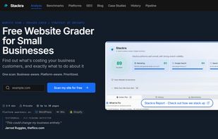 Stackra homepage, showing a free website grader, and sample report demo page