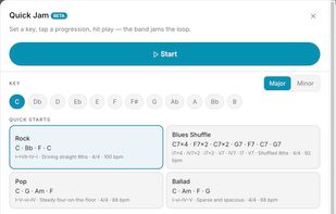 Quick Jam. Choose a key and a progression, press Start, and a backing band plays the loop. Tempo, automatic speed-up and a per-instrument mixer are on the right.