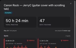 One song's record. Total practice and days touched at the top, then the spots it was auto-grouped into: each shows how long was spent at every playback speed, and the tier that earned.