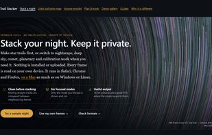 Star Trail Stacker home page with a real 380-frame Sony A7C star-trail image.